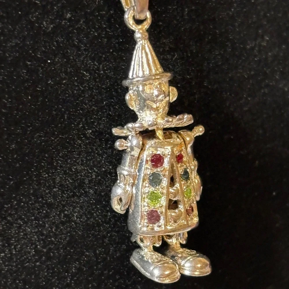 Rare VTG Articulated Clown Pendant Necklace 925 Silver Multi Jewels 6g Kidcore